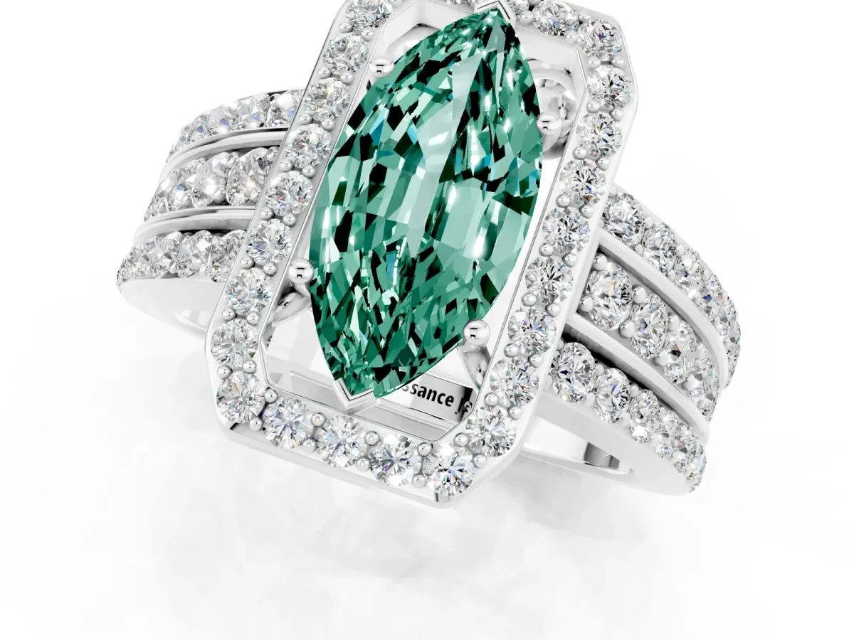 Marquise Cut Halo Green Sapphire Ring with Round Split Shank and Prong Setting Silver