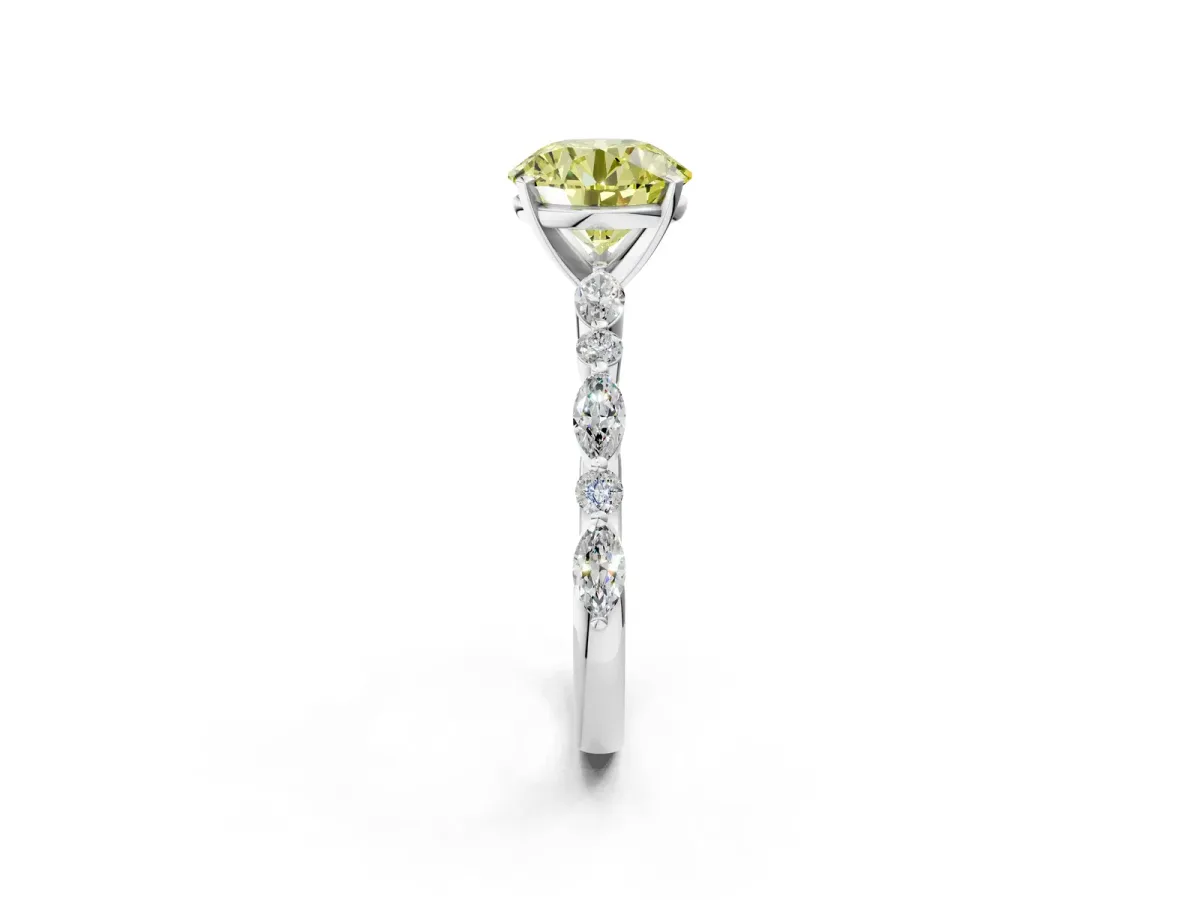 Fancy Yellow Round Cut Diamond Ring with Marquise and Round Side Stones and Four-Prong Setting Silver