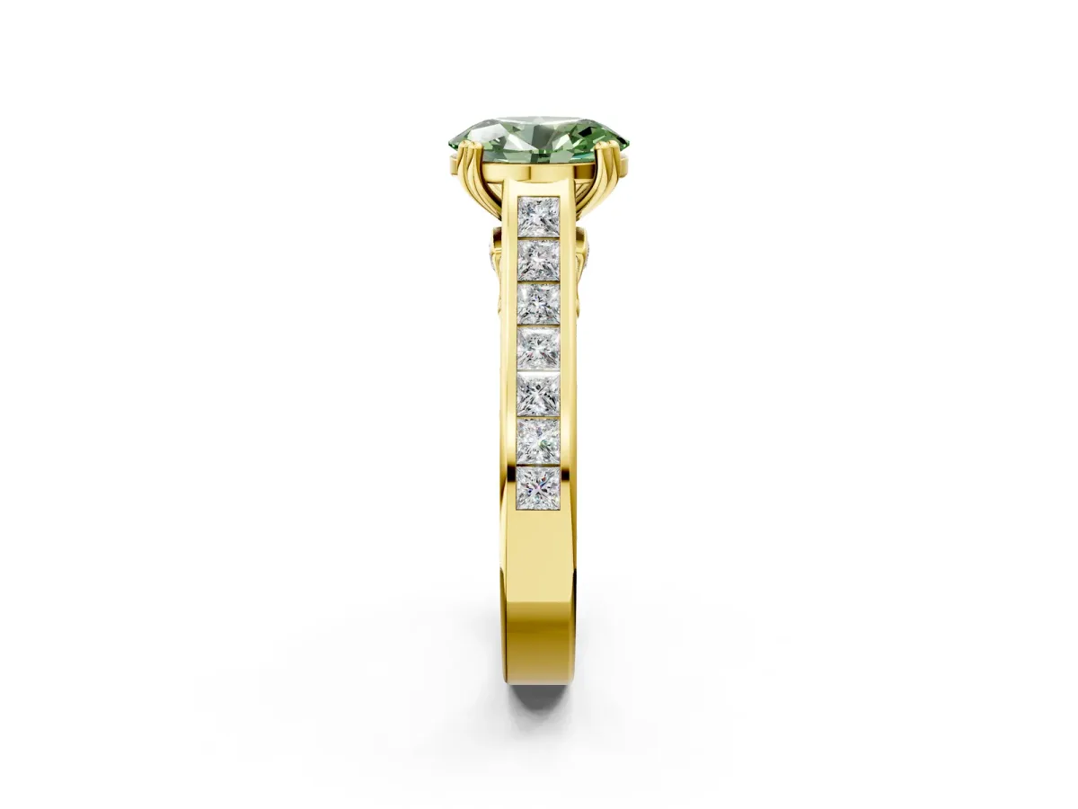 Fancy Green Oval Cut Cut Channel Set Solitaire Engagement Ring with Prong Setting Yellow gold