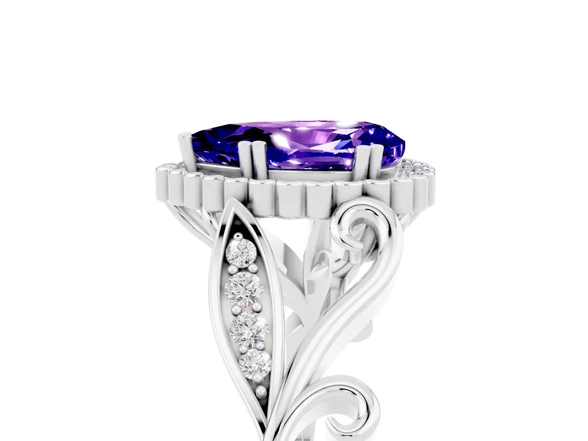 Pear Cut Tanzanite Halo Ring with Vintage Split Shank and Four-Prong Setting Platinum