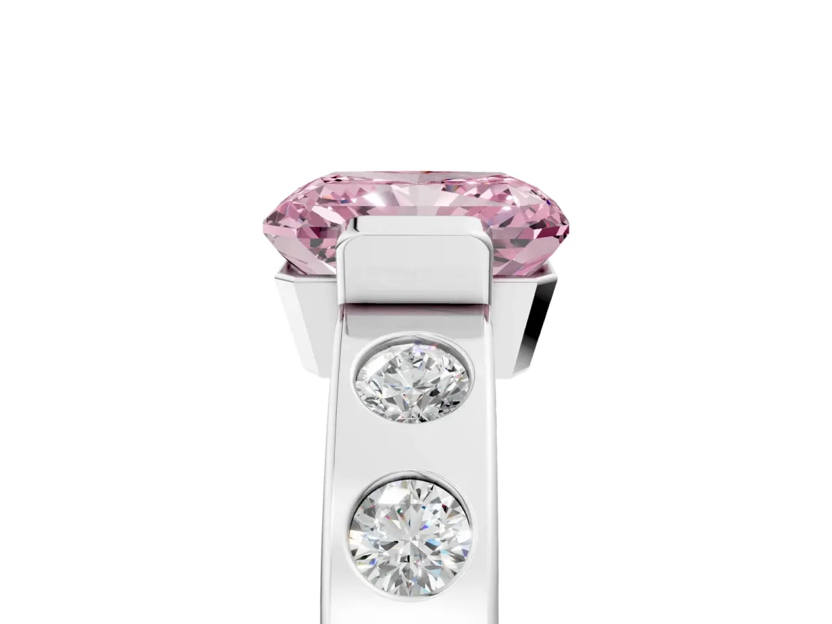 Fancy Pink Radiant Cut Brilliant Channel-Set Diamond Ring with Bezel Prong Setting Platinum