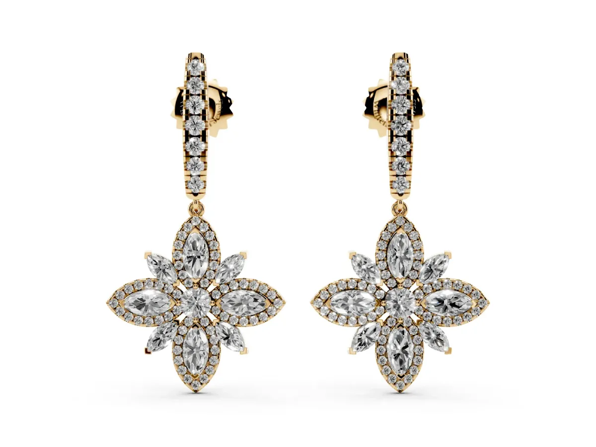 Marquise and Round Diamond Floral Huggie Drop Earrings Yellow gold