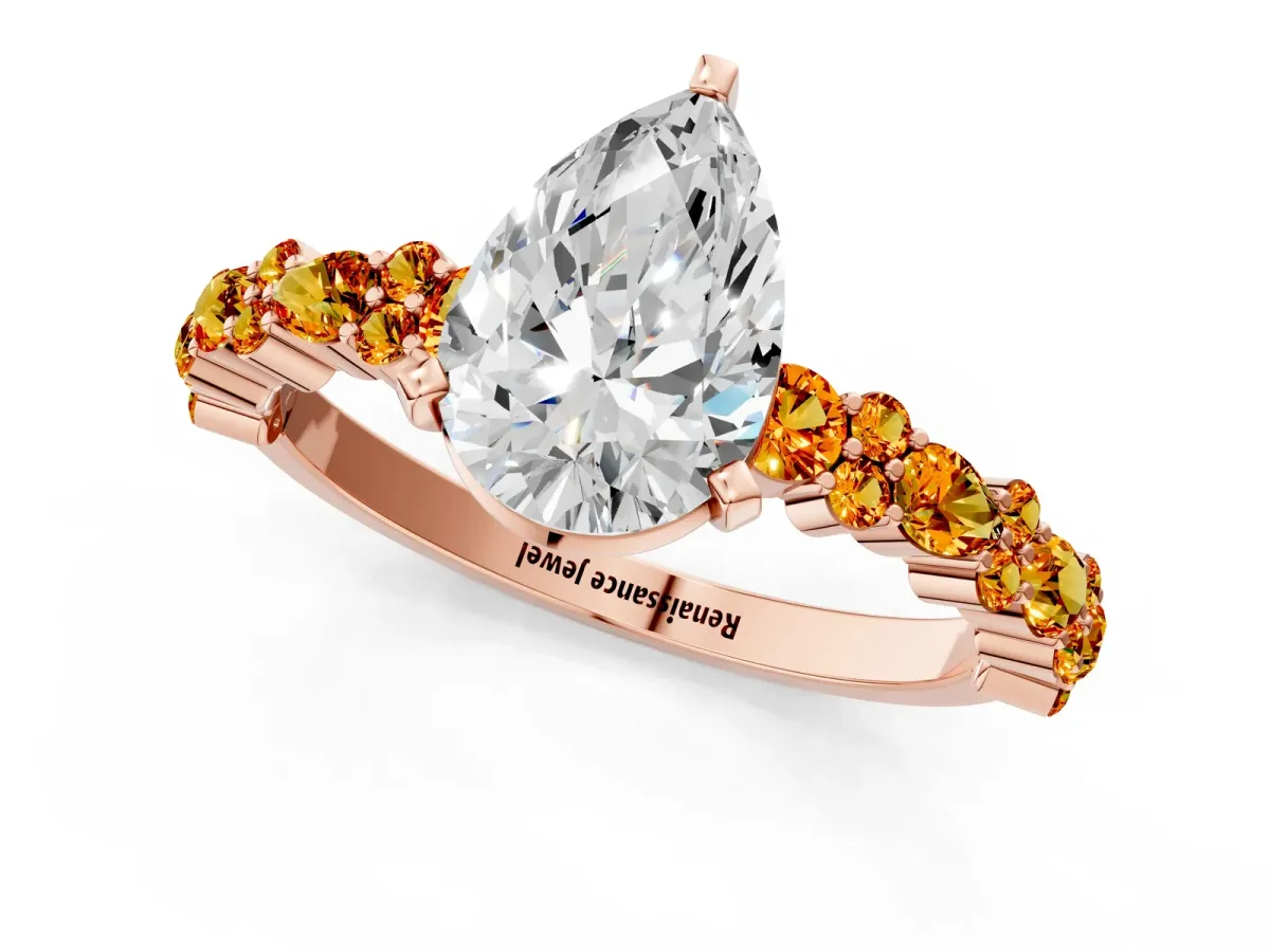 Pear Cut Diamond Side Stone Solitaire Ring with Round Citrine and Four-Prong Setting Rose gold