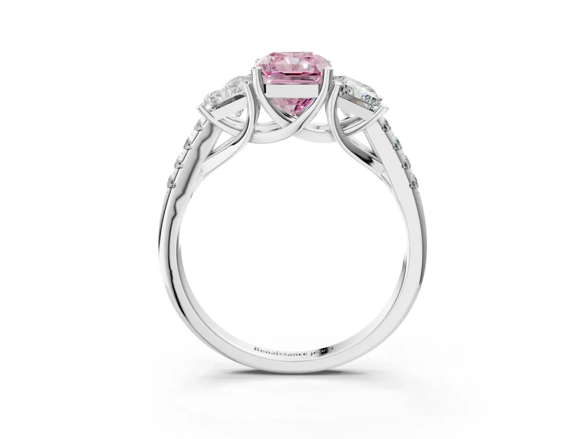 Fancy Pink Three-Stone Radiant Cut Diamond Ring with Round Pavé Band and Prong Setting Silver