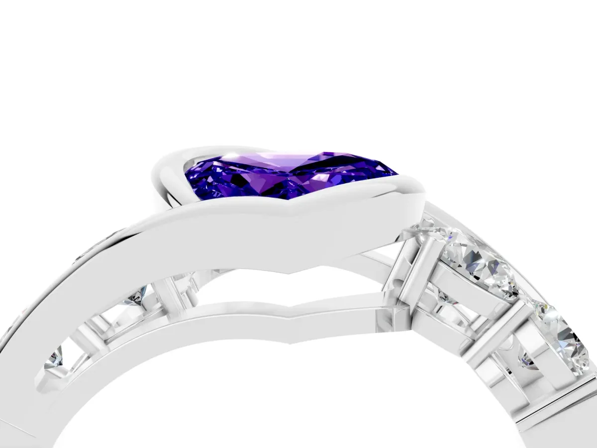 Bezel Set Heart Cut Tanzanite Bypass Ring with Round Accents Silver