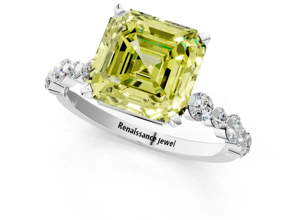 Fancy Yellow Asscher Cut Diamond Prong Set Engagement Ring with Pavé Band Platinum