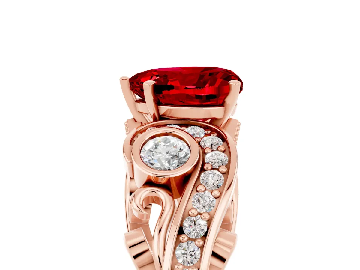 Heart Cut Ruby Solitaire Ring with Milgrain Pavé Band and Four-Prong Setting Rose gold