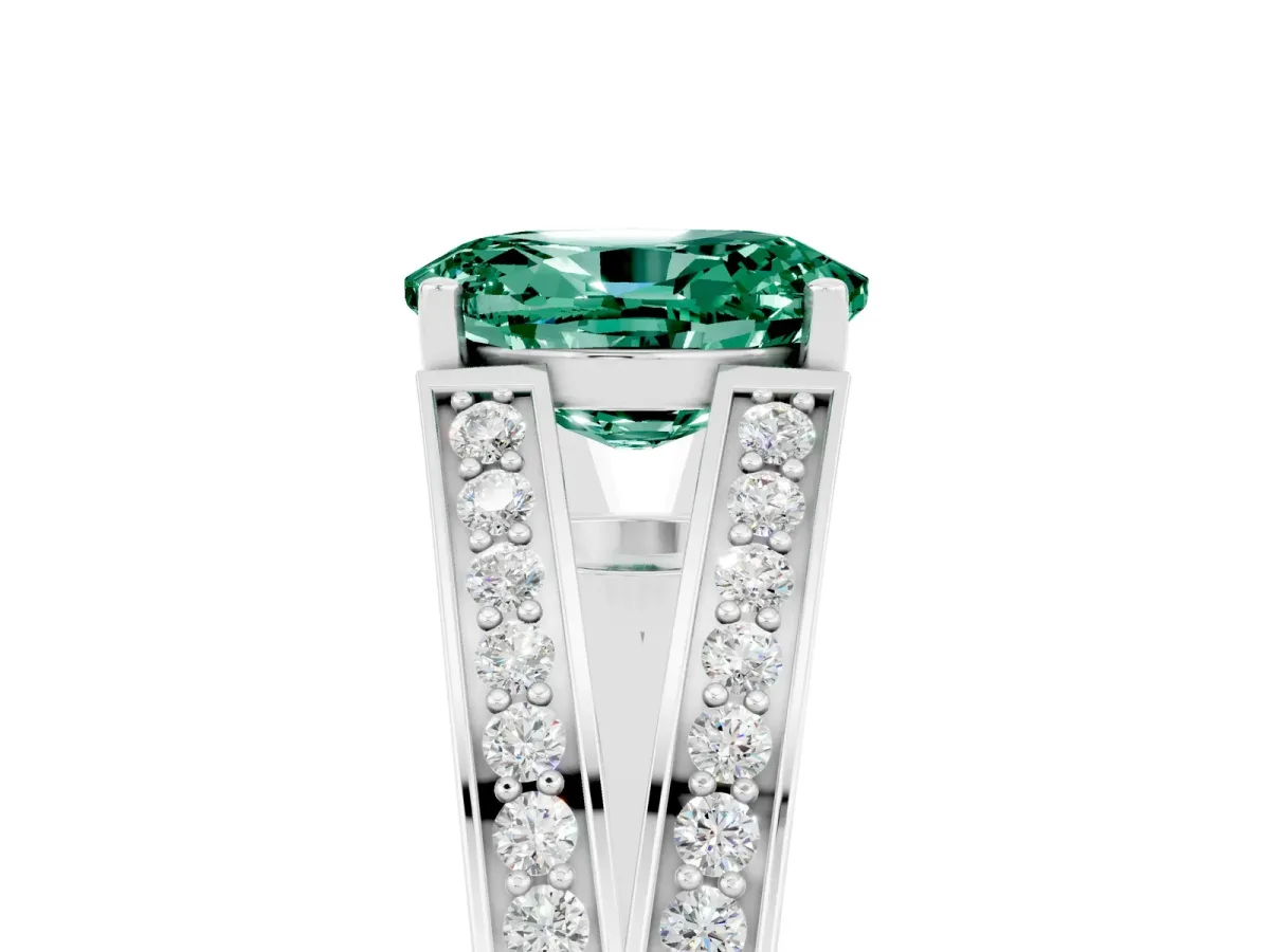 Oval Cut Green Sapphire Split Shank Ring with Pavé Band and Four-Prong Setting White gold