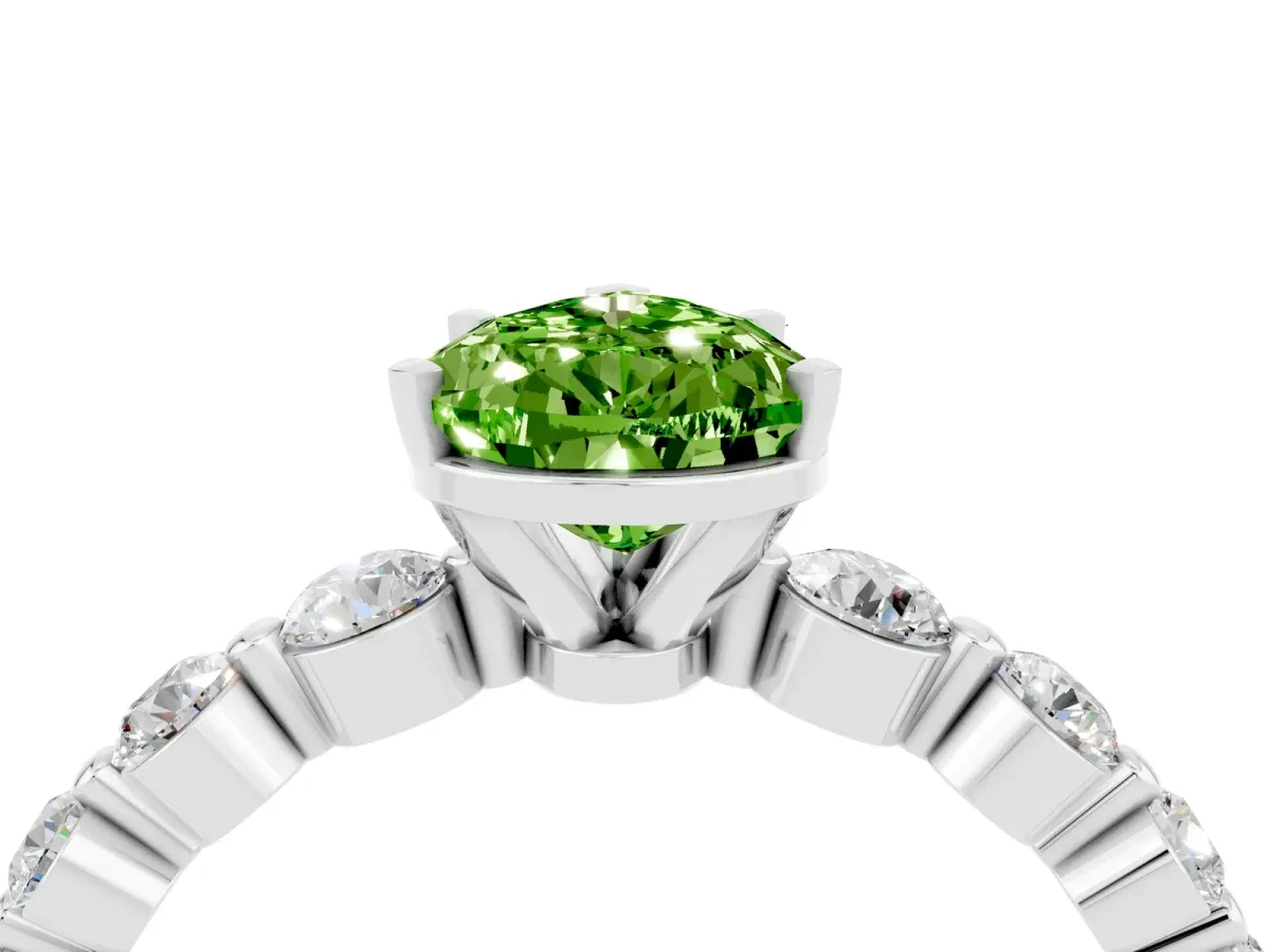Pear Cut Solitaire Peridot Ring with Pave Band and Four-Prong Setting Platinum