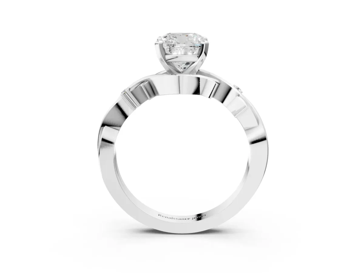 Cushion Cut Diamond Solitaire Ring with Twisted Band and Prong Setting Platinum