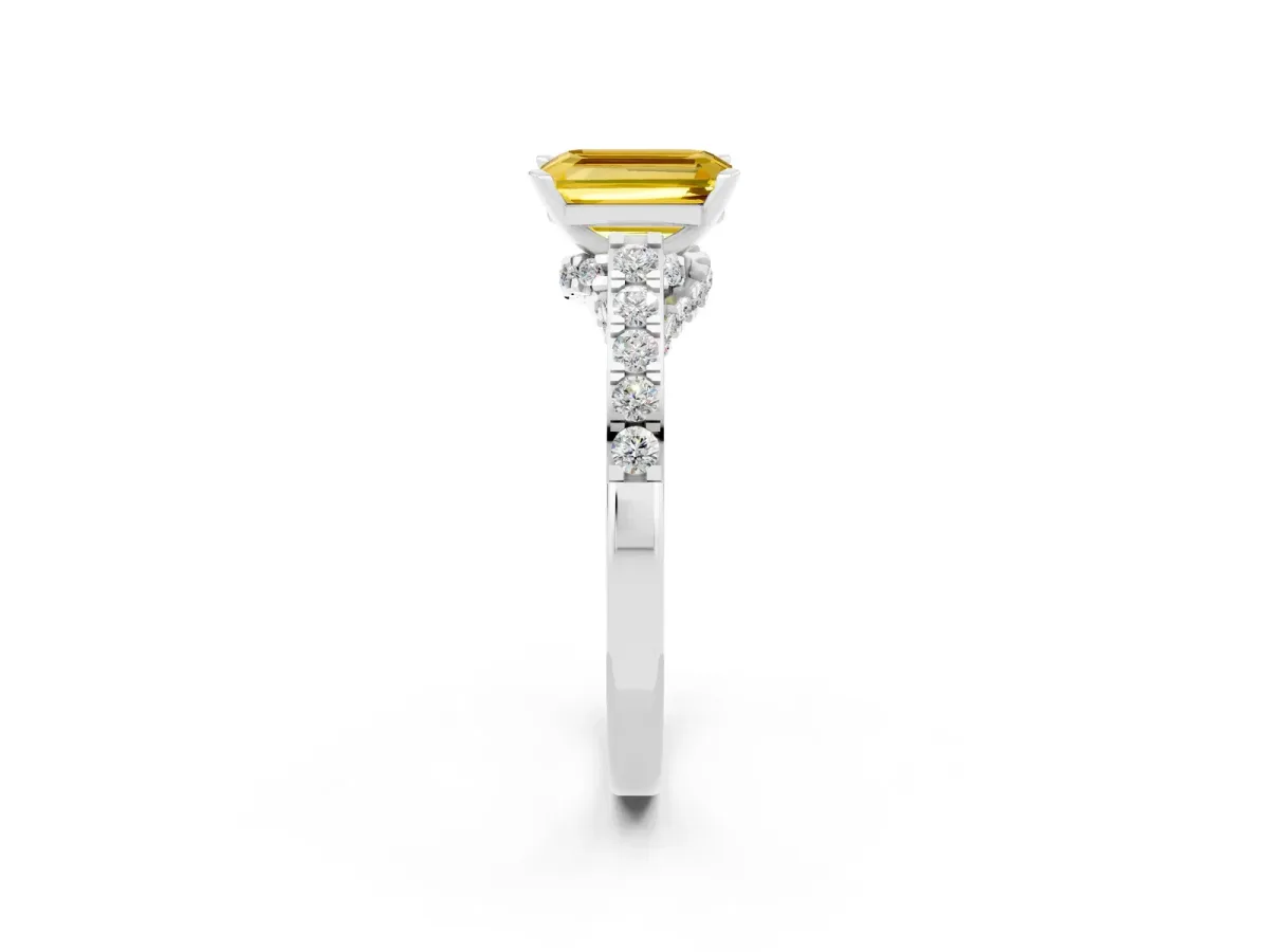 Emerald Cut Yellow Sapphire Solitaire Ring with Crossover Gallery and Round Pavé Band Silver