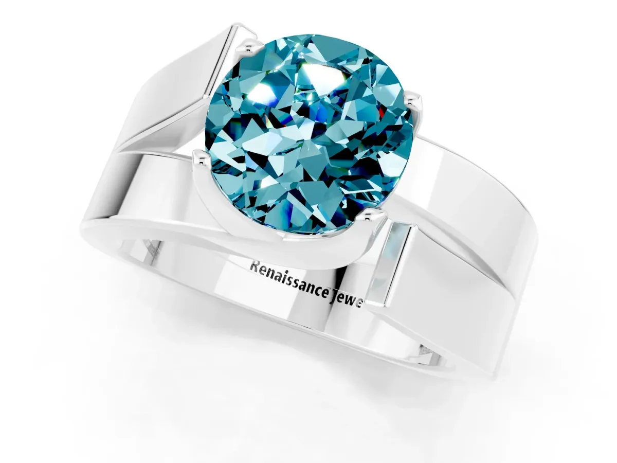 Modern Tension Set Round Cut Blue Topaz Solitaire Wide Band Ring Silver