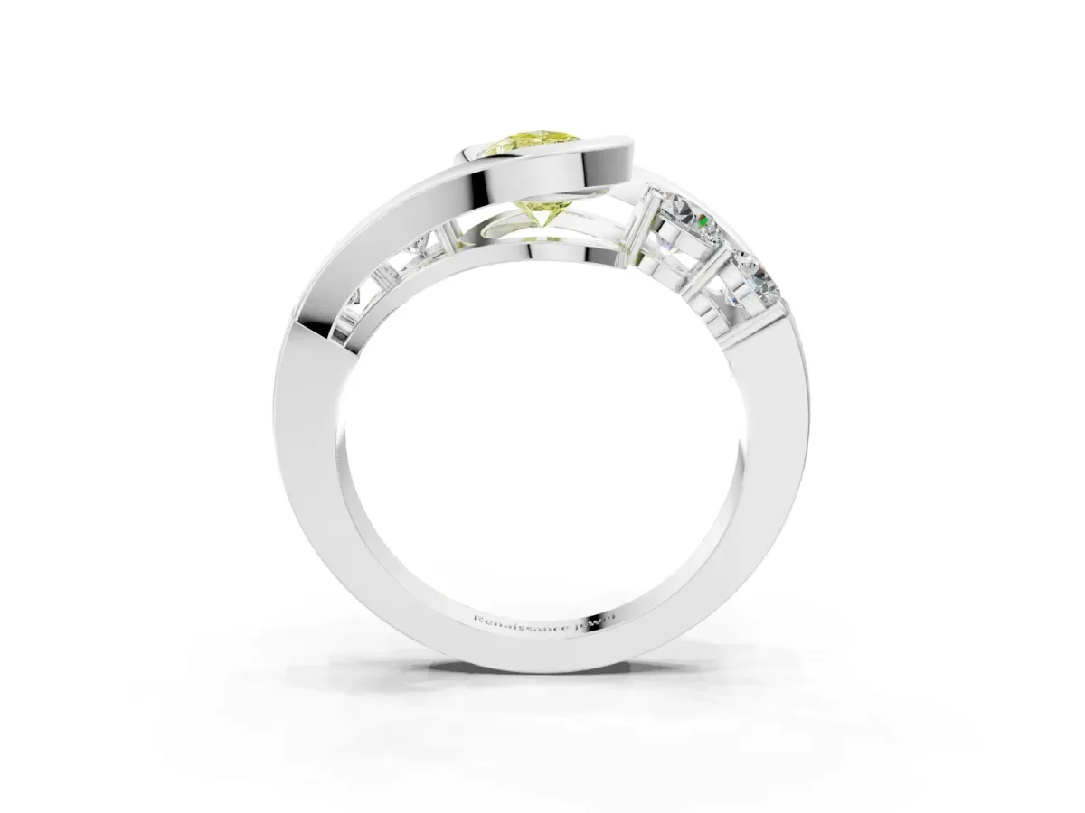Fancy Yellow Bezel Set Pear Cut Diamond Bypass Ring with Round Accents Platinum