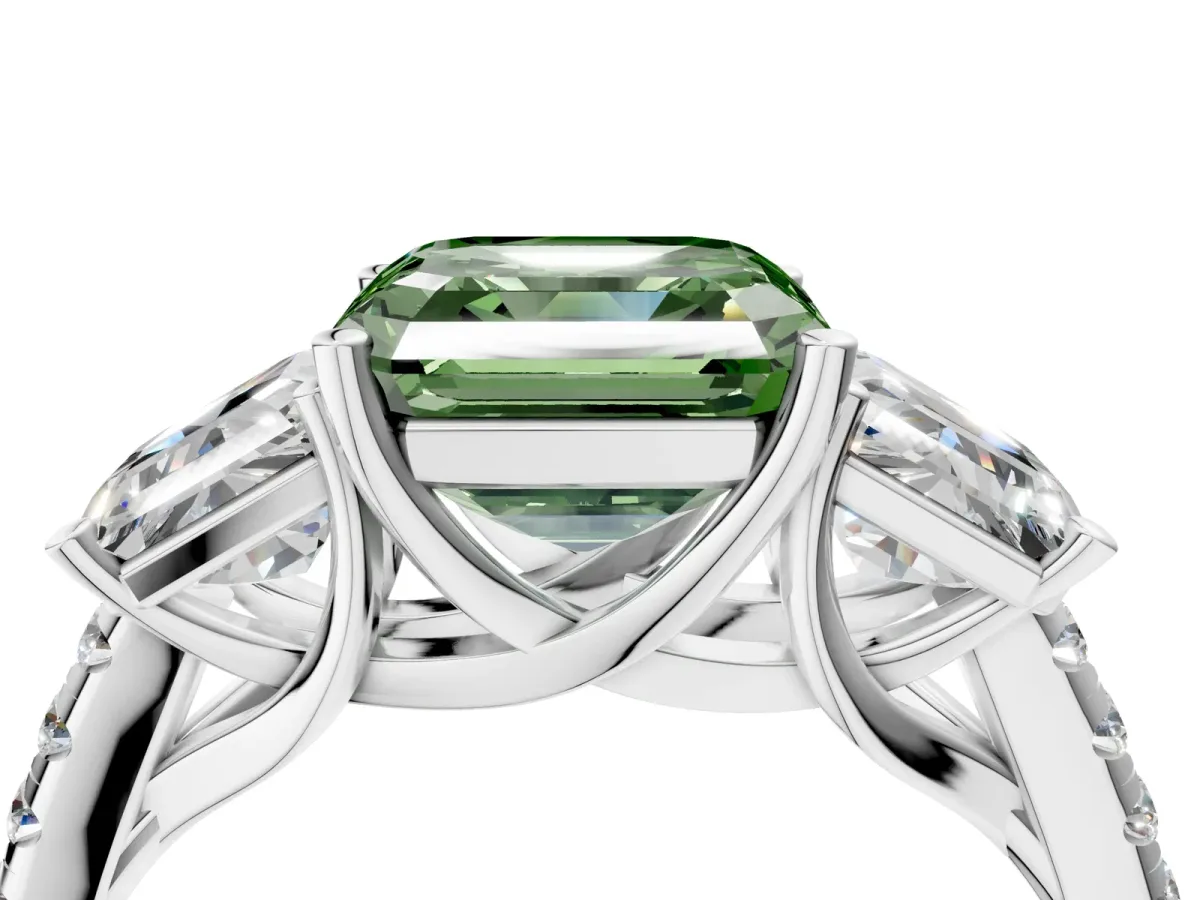 Fancy Green Three-Stone Asscher Cut Diamond Ring with Round Pavé Band and Prong Setting Silver