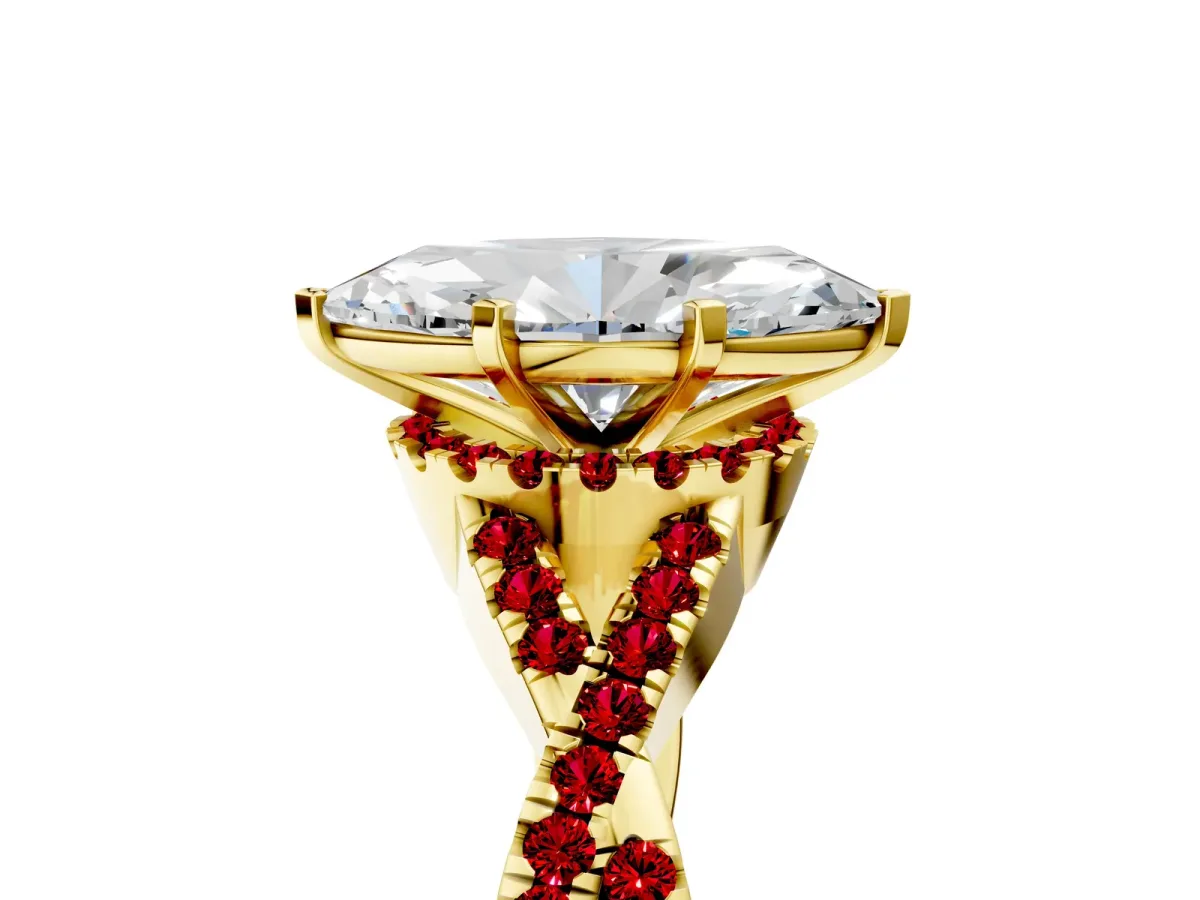 Marquise Cut Diamond Ruby Halo Twist Band Solitaire Prong Setting Ring Yellow gold