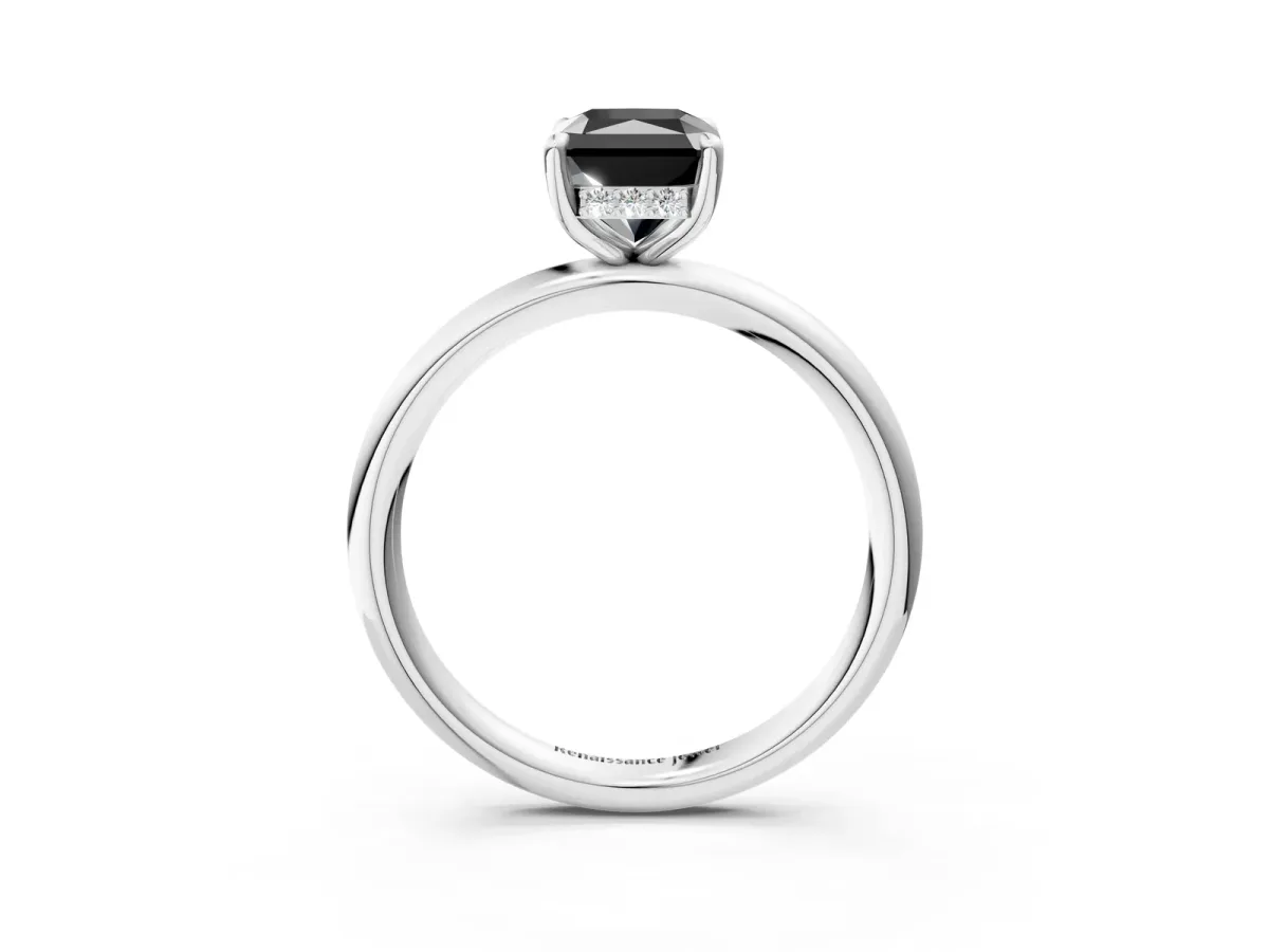 Fancy Black Radiant Cut Diamond Solitaire Ring with Thin Band and Four-Prong Setting Platinum