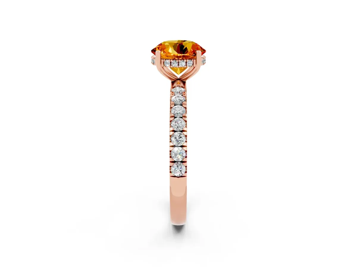 Round Cut Citrine Pave Band Solitaire Ring with Round and Prong Setting Rose gold