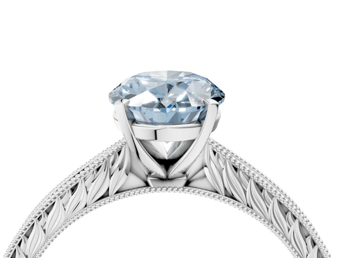 Fancy Blue Oval Cut Solitaire Milgrain Engraved Band with Four-Prong Setting White gold