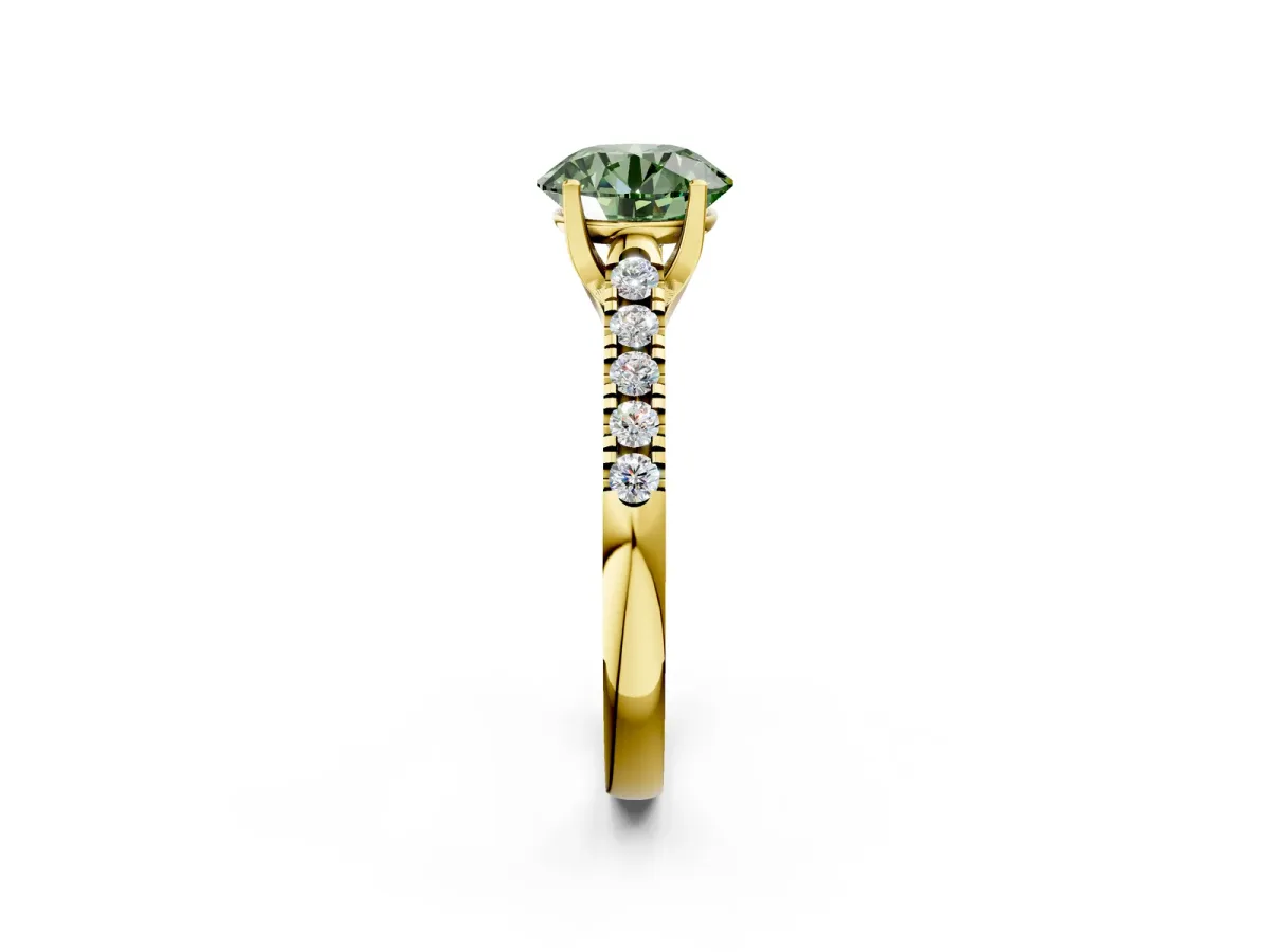 Fancy Green Round Cut Diamond Pavé Band Solitaire Ring with Prong Setting Yellow gold