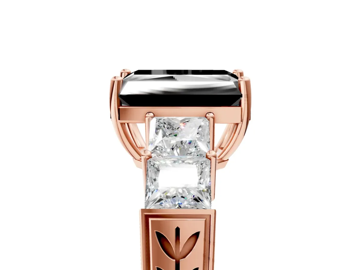 Fancy Black Radiant Cut Solitaire Princess Side Stone Engraved Band Prong Setting Ring Rose gold
