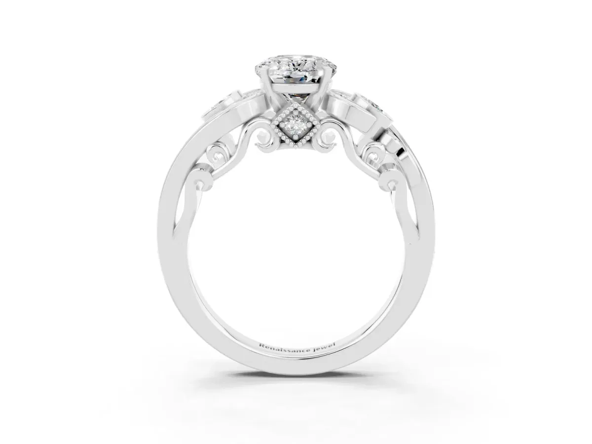 Oval Cut Moissanite Solitaire Ring with Milgrain Pavé Band and Four-Prong Setting Silver