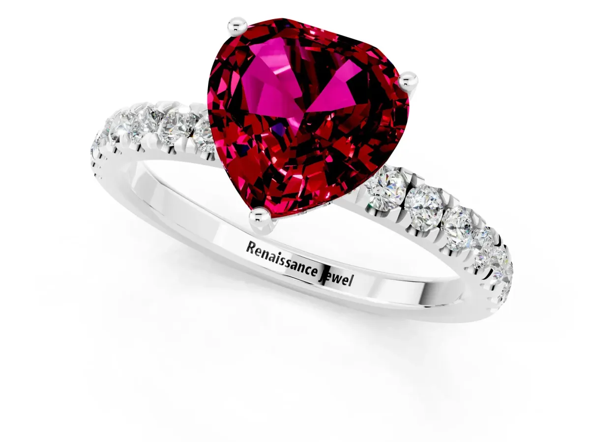 Heart Cut Garnet Pave Band Solitaire Ring with Round and Prong Setting Platinum