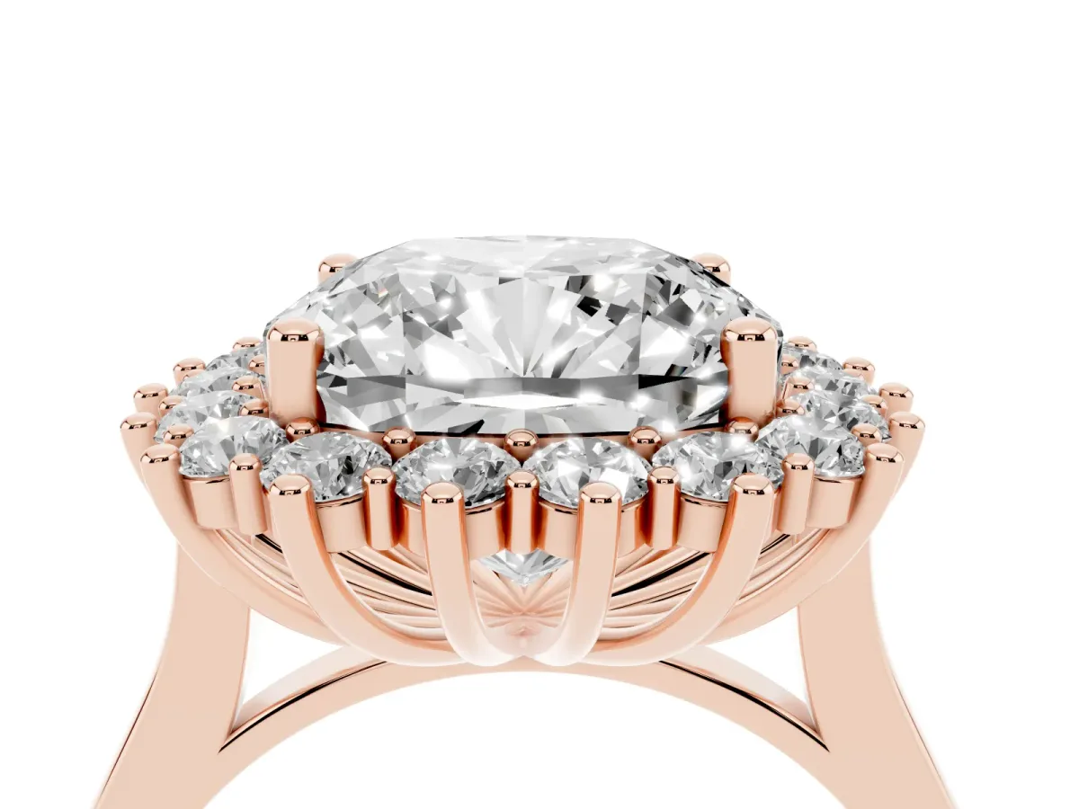 Cushion Diamond Halo Engagement Ring with Round Diamond Accents Rose gold
