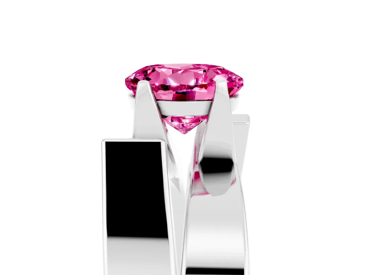 Modern Tension Set Round Cut Pink Sapphire Solitaire Wide Band Ring Silver