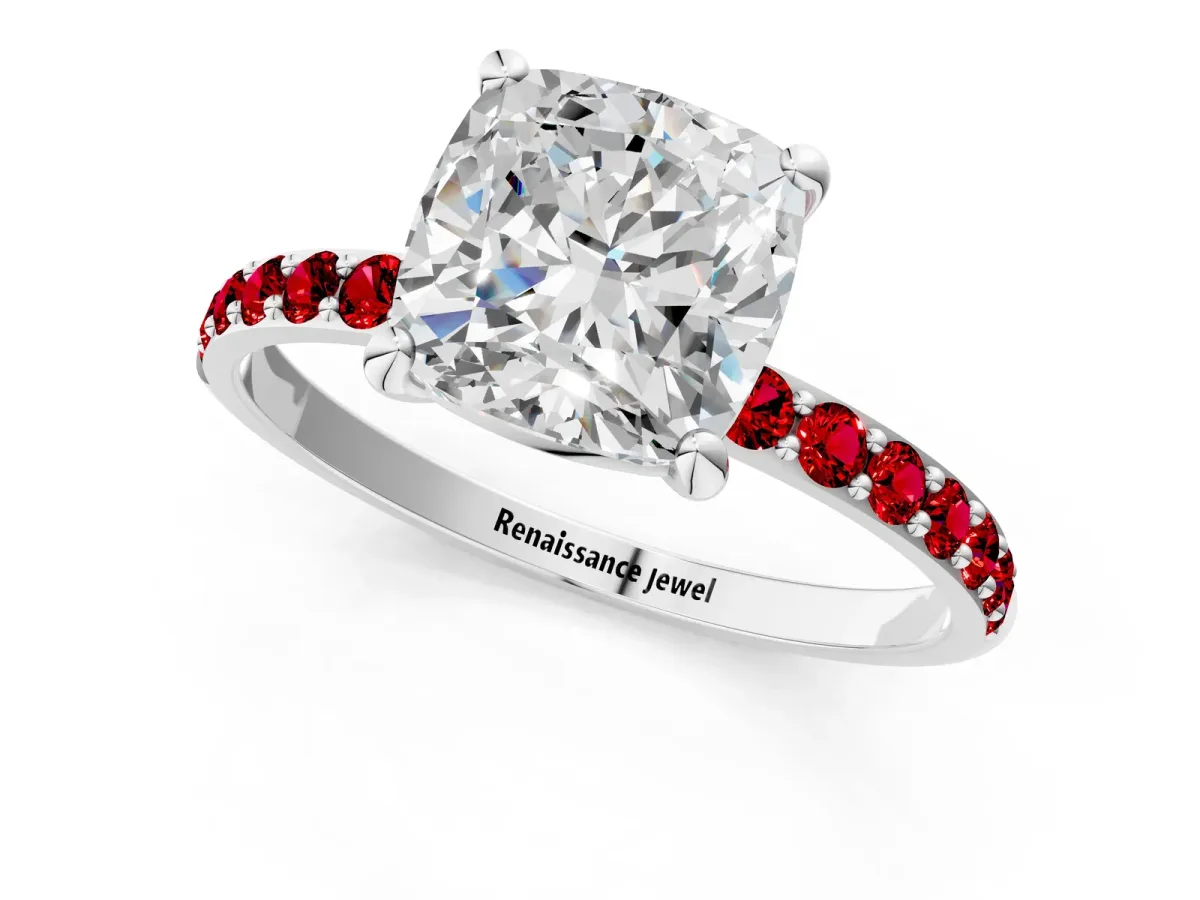 Cushion Cut Diamond Solitaire Ring with Round Ruby Pavé Band and Prong Setting White gold