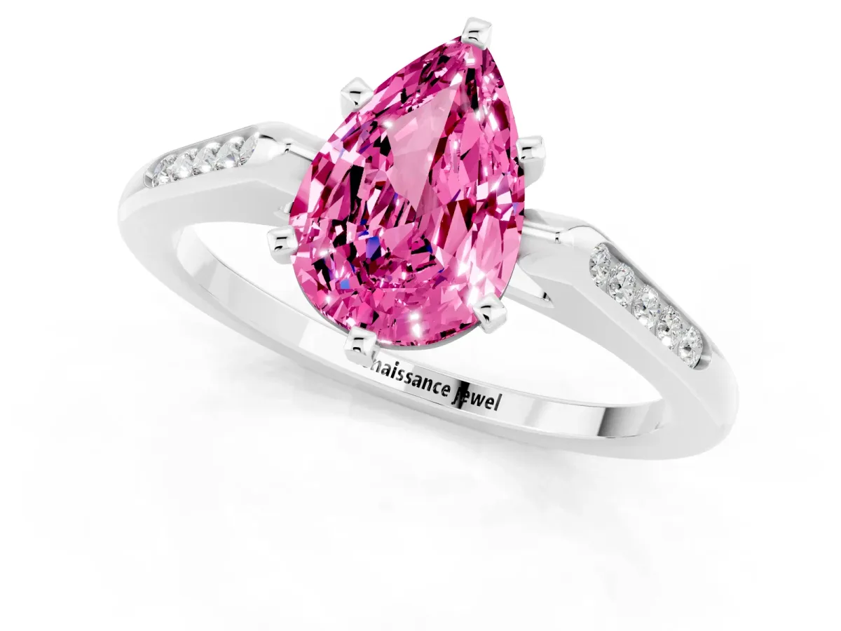 Pear Cut Pink Sapphire Solitaire Ring with Channel Set Round Band and Prong Setting Silver