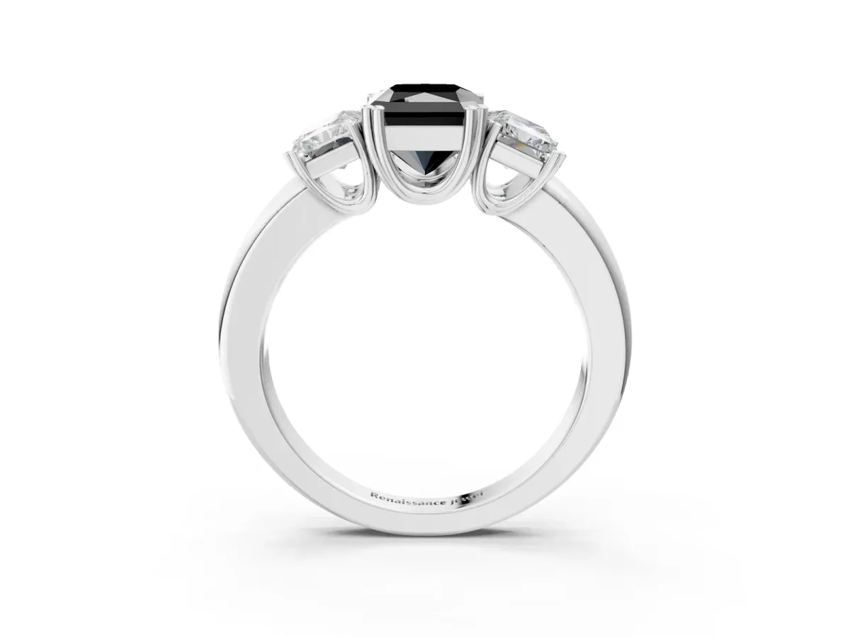 Fancy Black Three-Stone Radiant Cut Cut Diamond Ring with Channel Set Band and Four-Prong Setting Silver