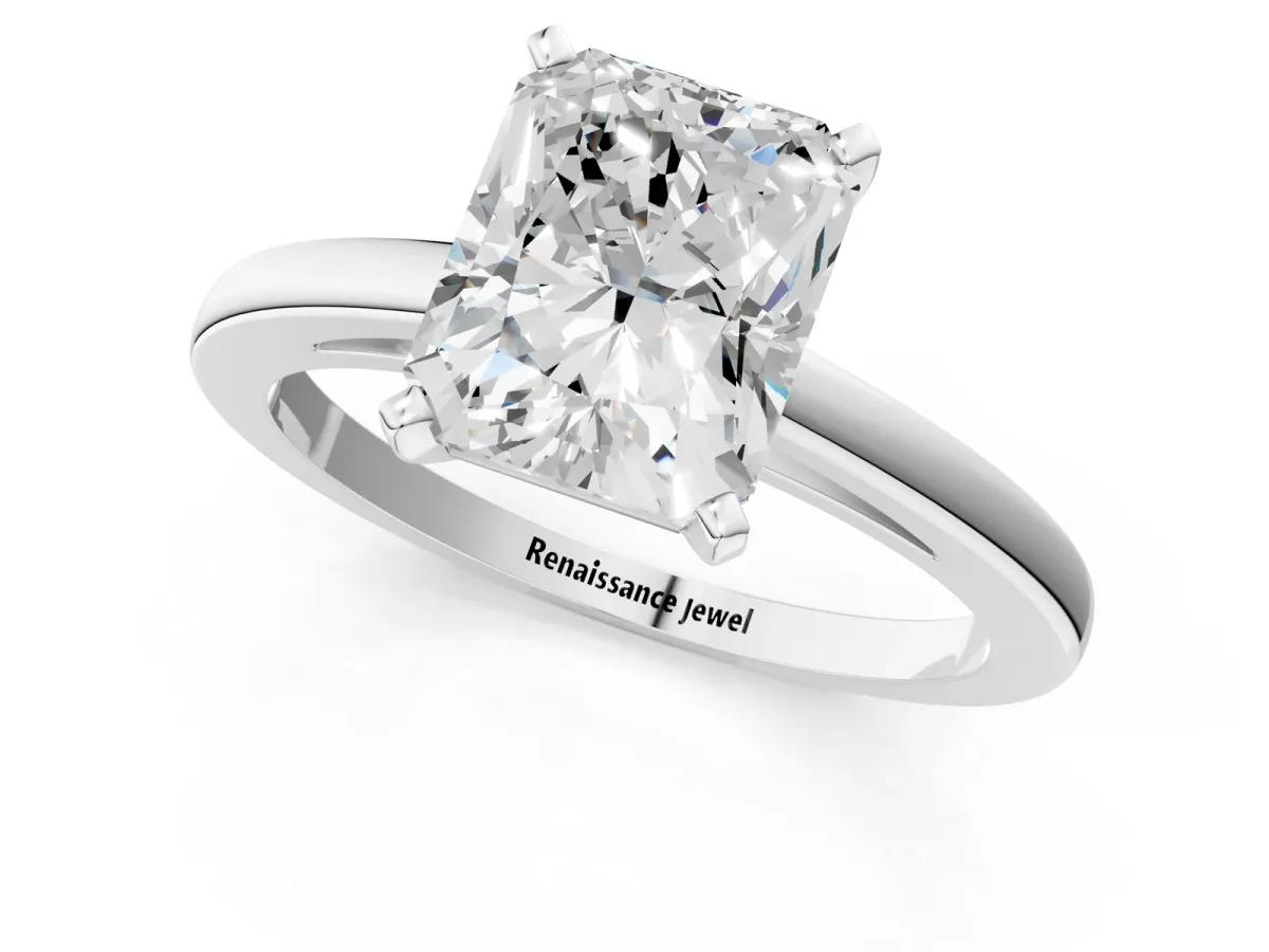 Radiant Cut Solitaire Diamond Engagement Ring with Four-Prong Setting on a Classic Band Platinum