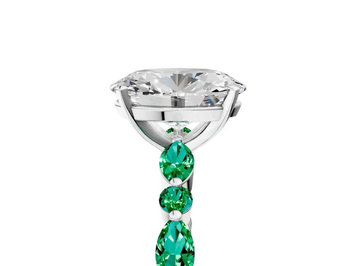 Oval Cut Diamond Ring with Marquise and Round Emerald Side Stones and Four-Prong Setting Silver