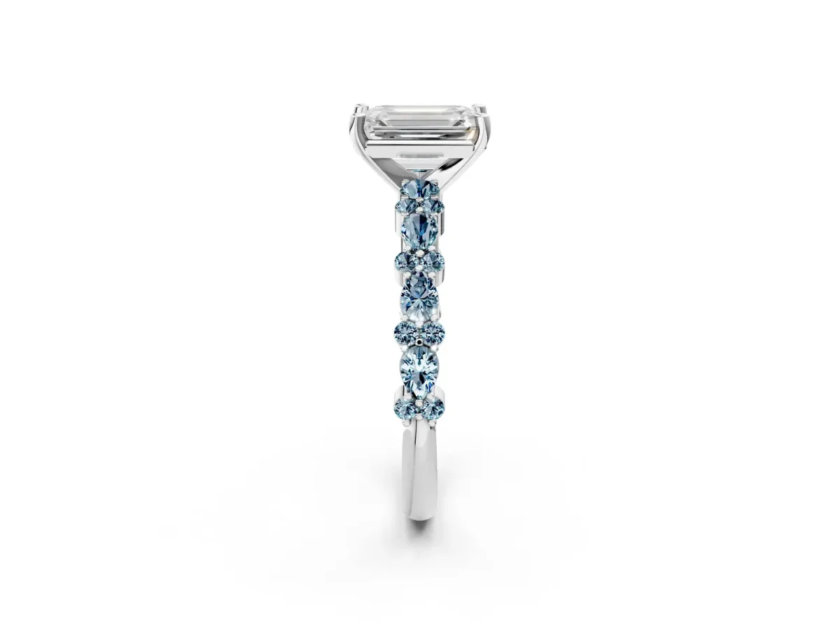 Emerald Cut Diamond Side Stone Solitaire Ring with Round Aquamarine and Four-Prong Setting Platinum