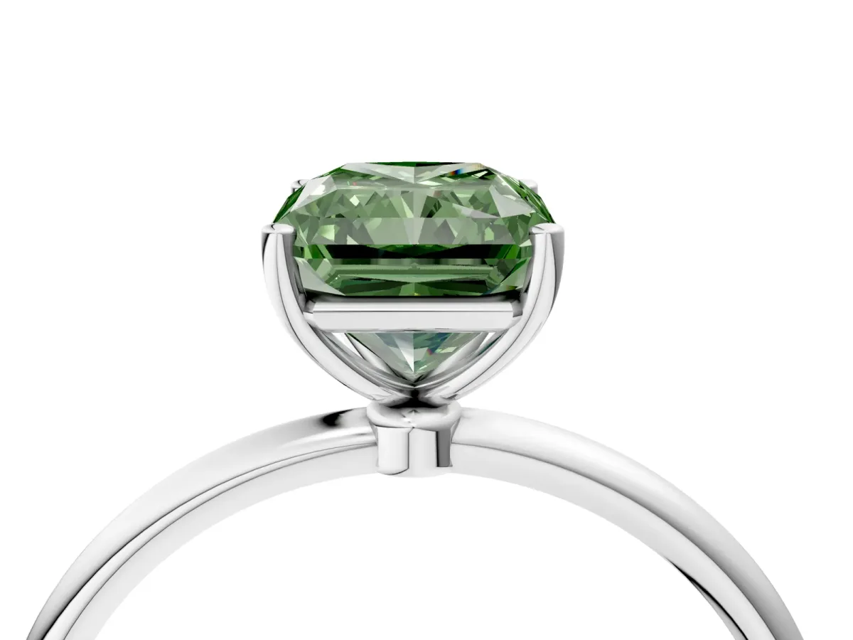Fancy Green Radiant Cut Cut Solitaire Engagement Ring with Thin Band and Four-Prong Setting Platinum