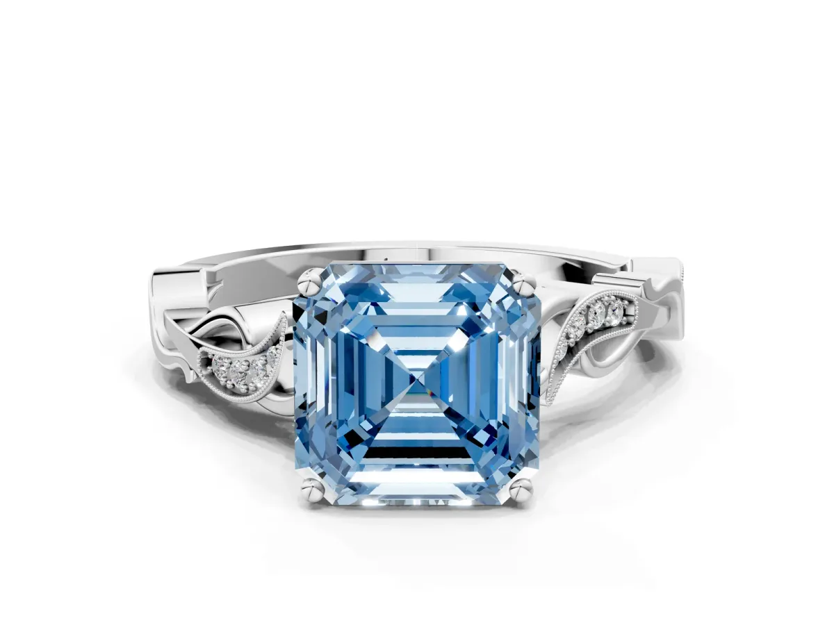 Fancy Blue Asscher Cut Solitaire Vine Band with Milgrain Prong Setting Platinum