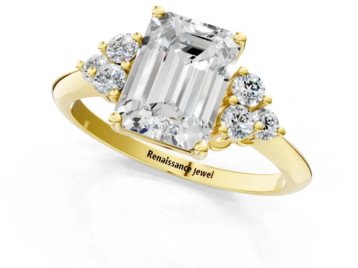 Emerald Cut Cut Diamond Cluster Ring with Solitaire Band and Four-Prong Setting Yellow gold