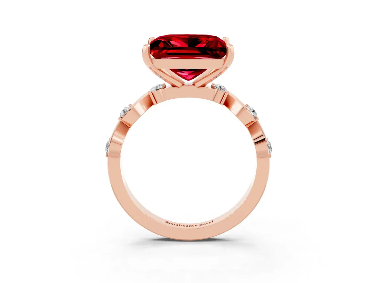 Princess Cut Ruby Solitaire Twisted Band with Round Accents and Prong Setting Rose gold