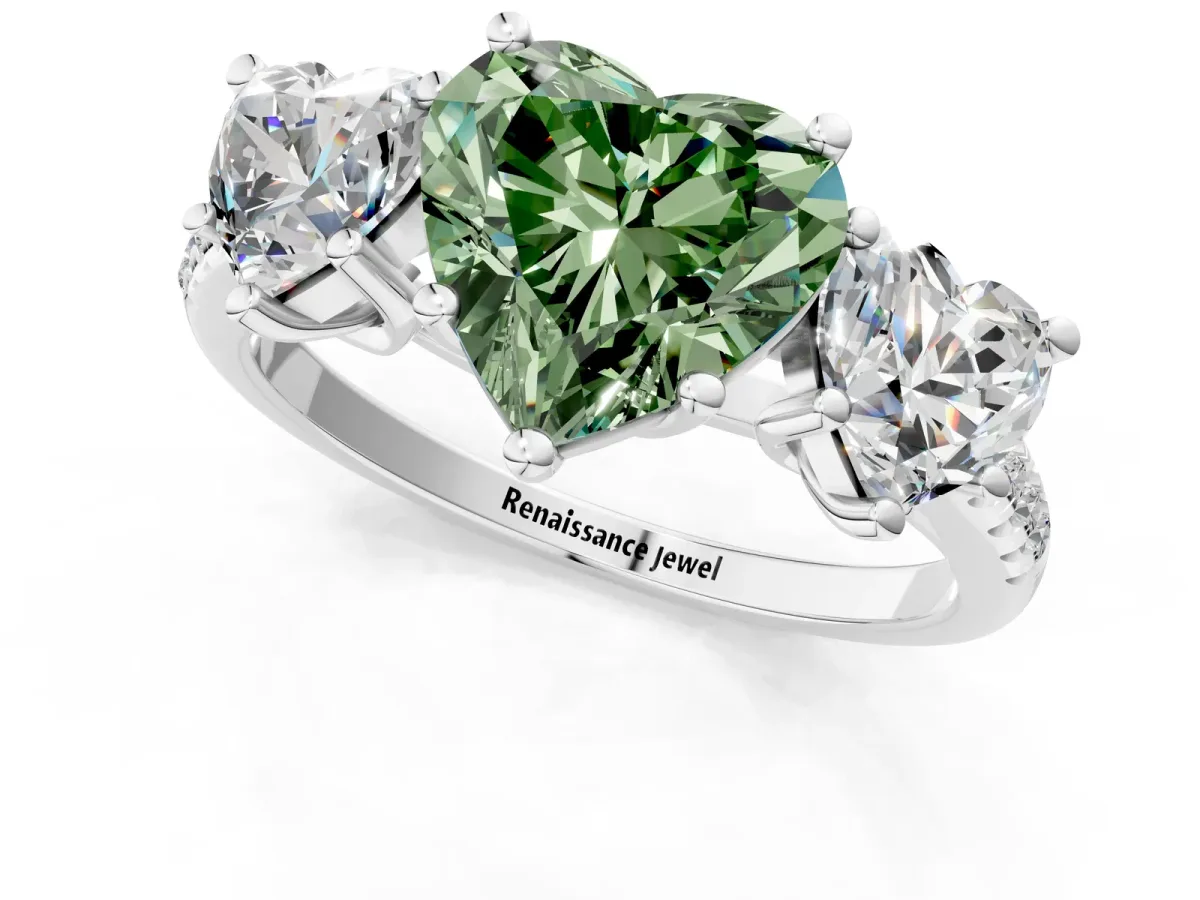 Fancy Green Three-Stone Heart Cut Diamond Ring with Round Pavé Band and Prong Setting Silver