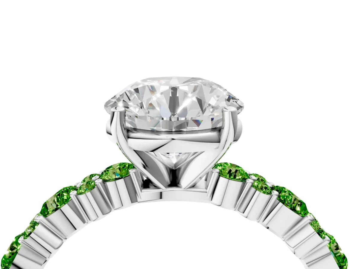 Round Cut Diamond Side Stone Solitaire Ring with Round Tanzanite and Four-Prong Setting Silver