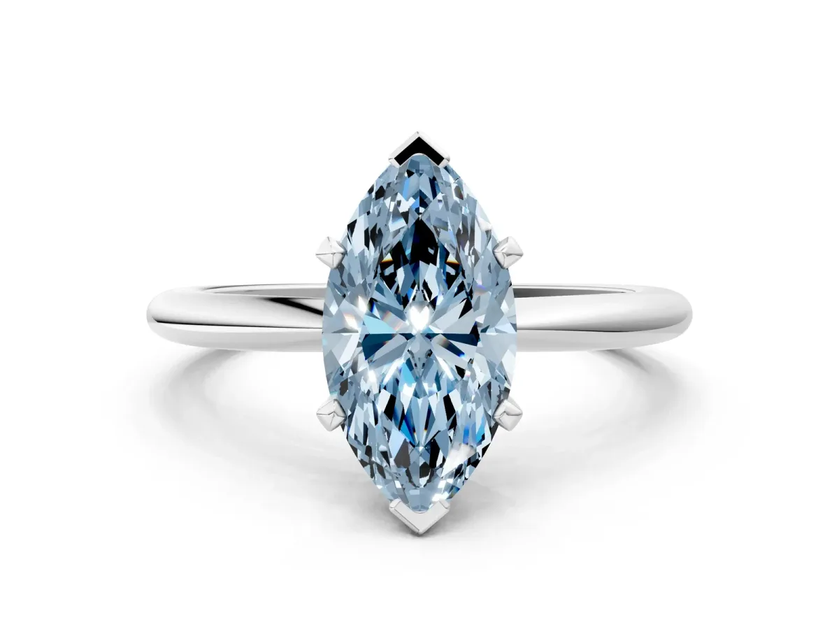 Fancy Blue Marquise Cut Diamond Solitaire Ring with Six-Prong Setting and Classic Band Silver