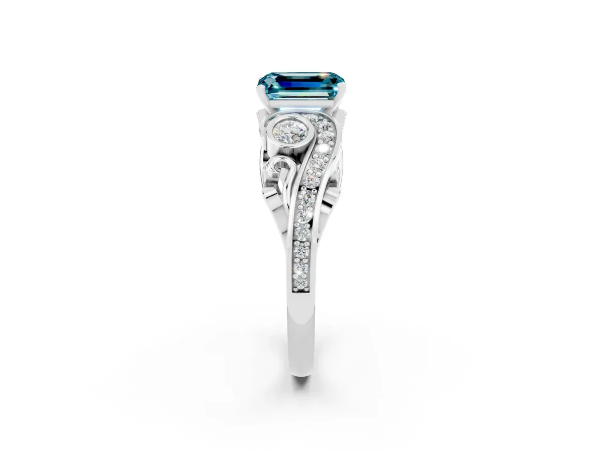 Emerald Cut Blue Topaz Solitaire Ring with Milgrain Pavé Band and Four-Prong Setting Silver