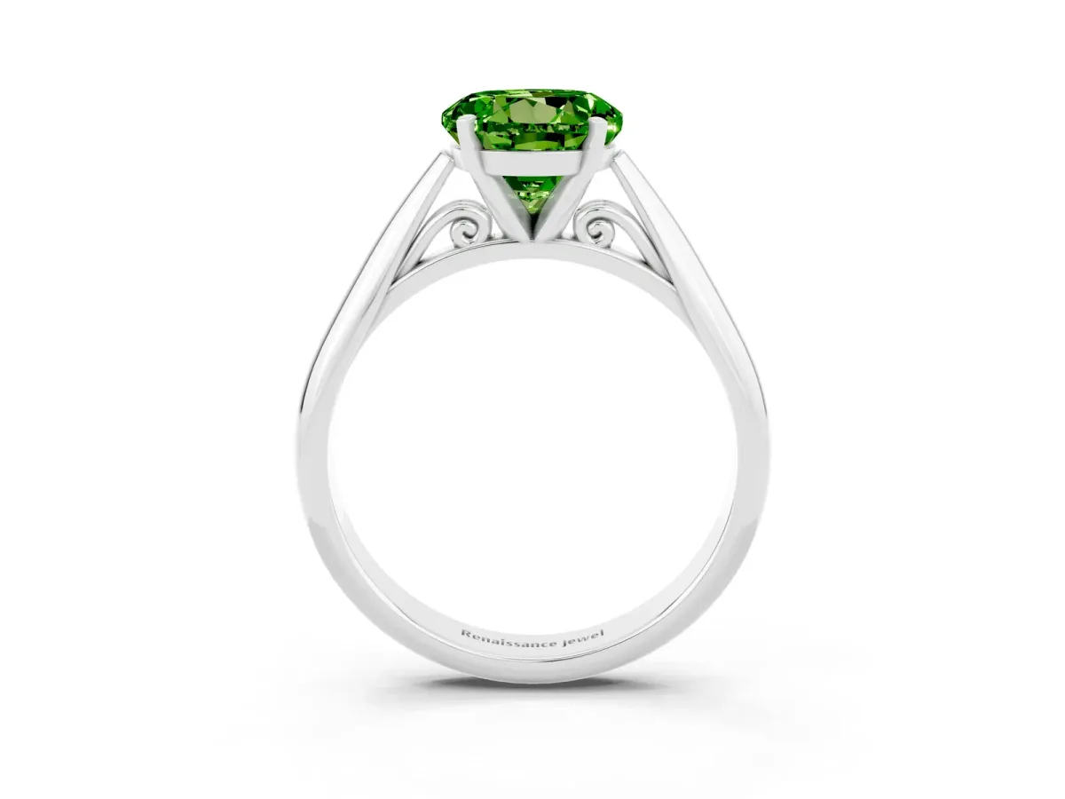 Round Cut Peridot Solitaire Engagement Ring with Cathedral Setting and Four-Prong Mount White gold
