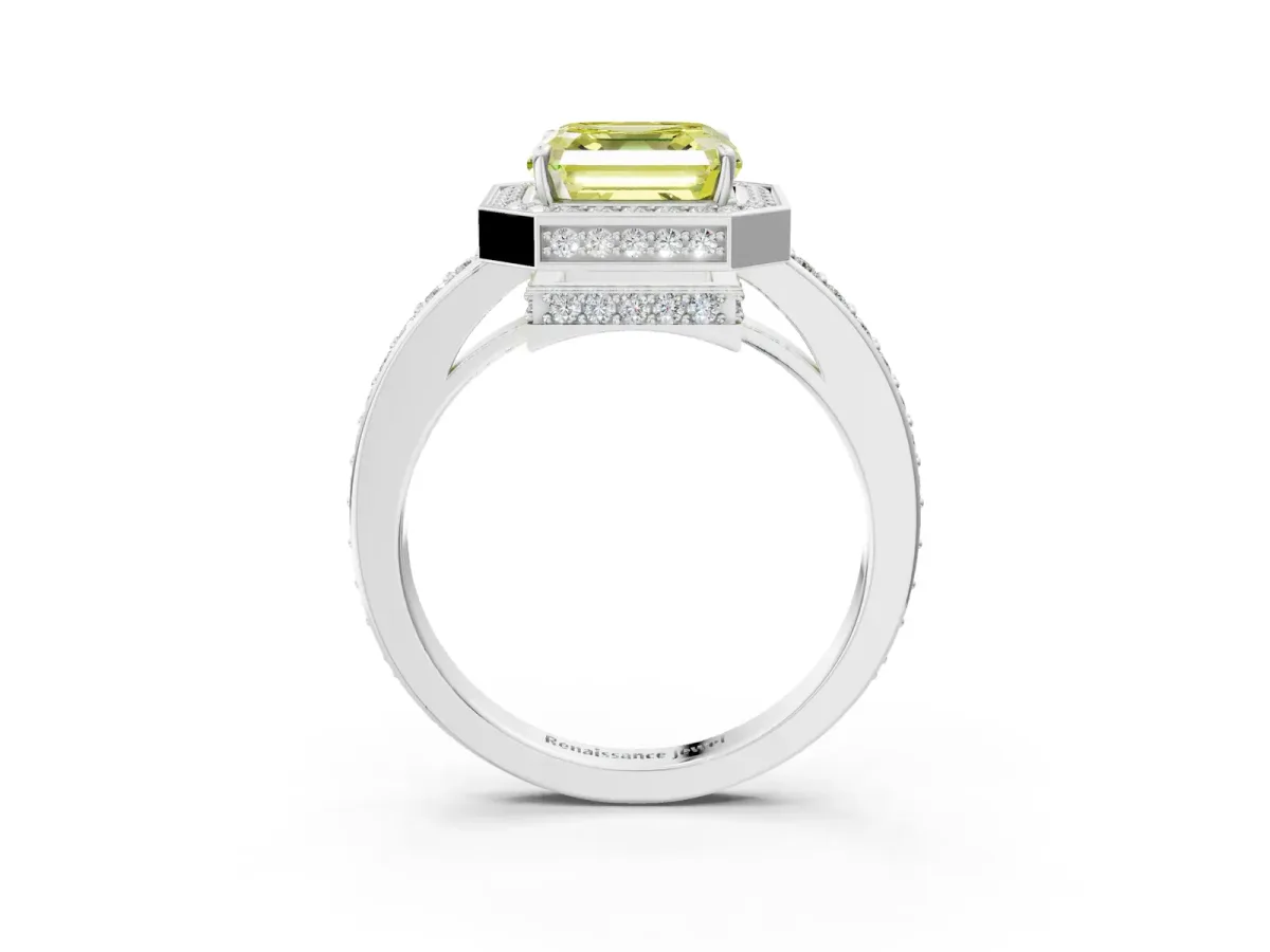 Fancy Yellow Asscher Cut Halo Pave Band Solitaire Ring with Prong Setting Platinum