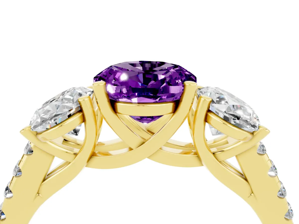 Three-Stone Oval Cut Amethyst Ring with Round Pavé Band and Prong Setting Yellow gold