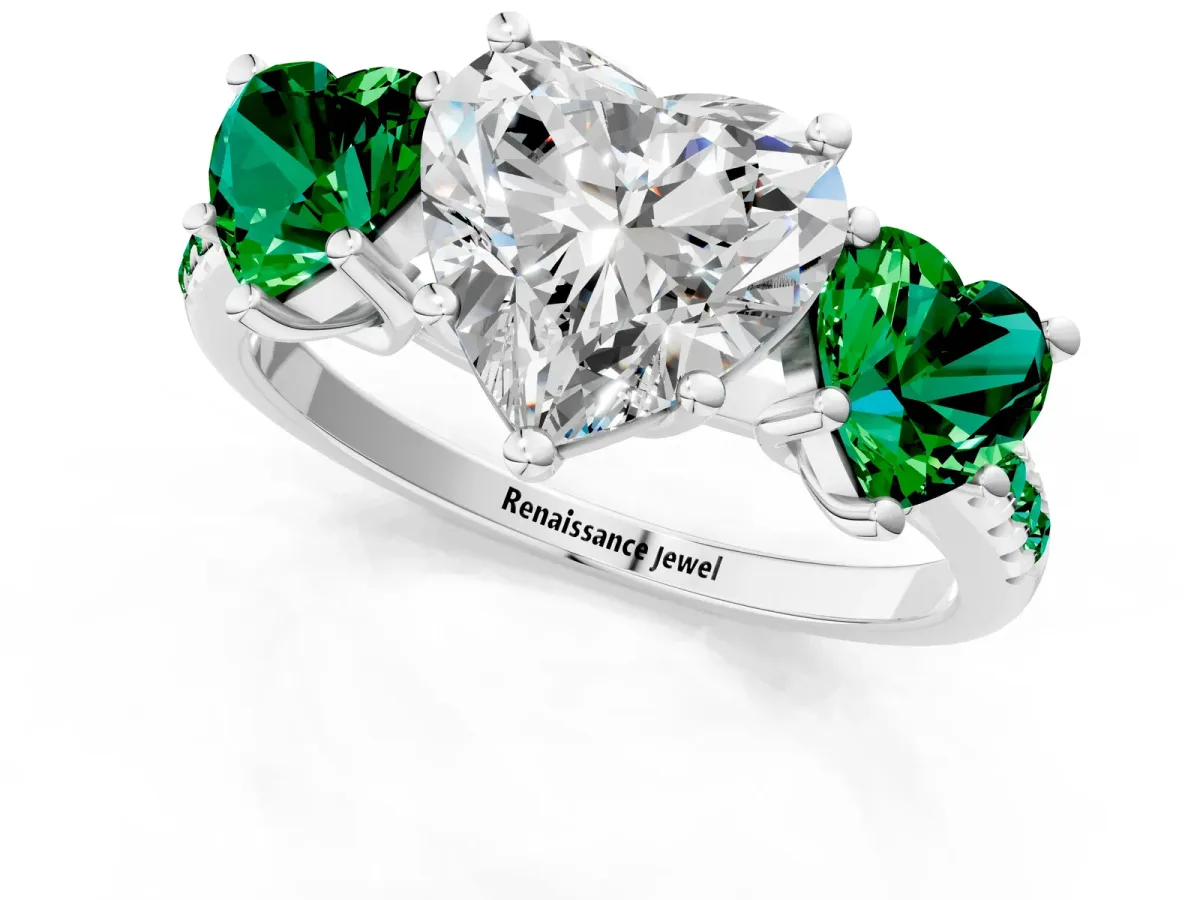 Three-Stone Heart Cut Diamond Ring with Round Emerald Pavé Band and Prong Setting Silver