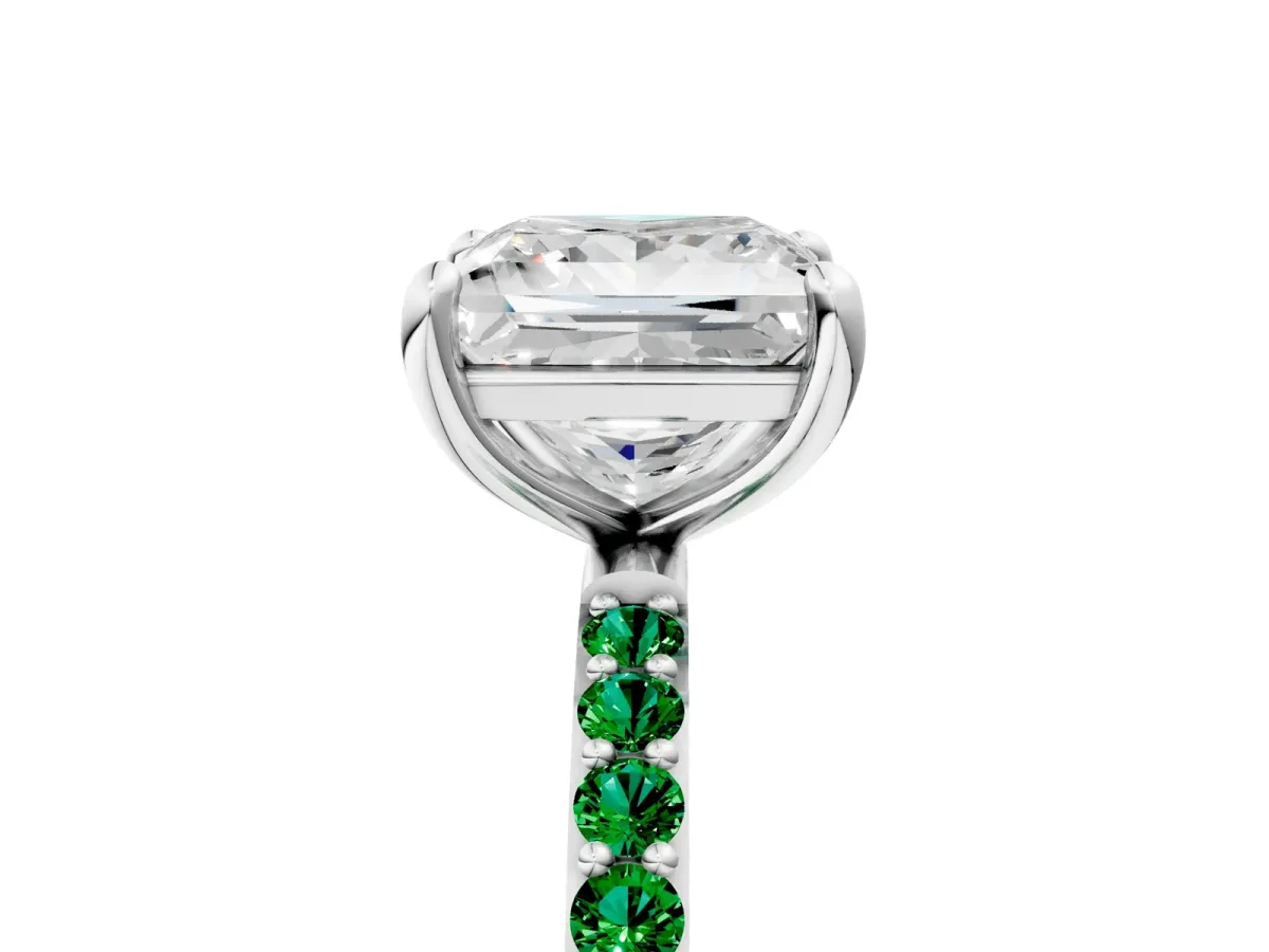 Princess Cut Diamond Solitaire Ring with Round Emerald Pavé Band and Prong Setting Platinum
