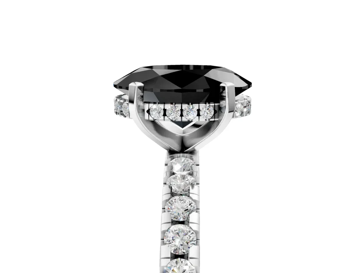 Fancy Black Oval Cut Diamond Solitaire Ring with Round Pavé Band and Four-Prong Setting Silver