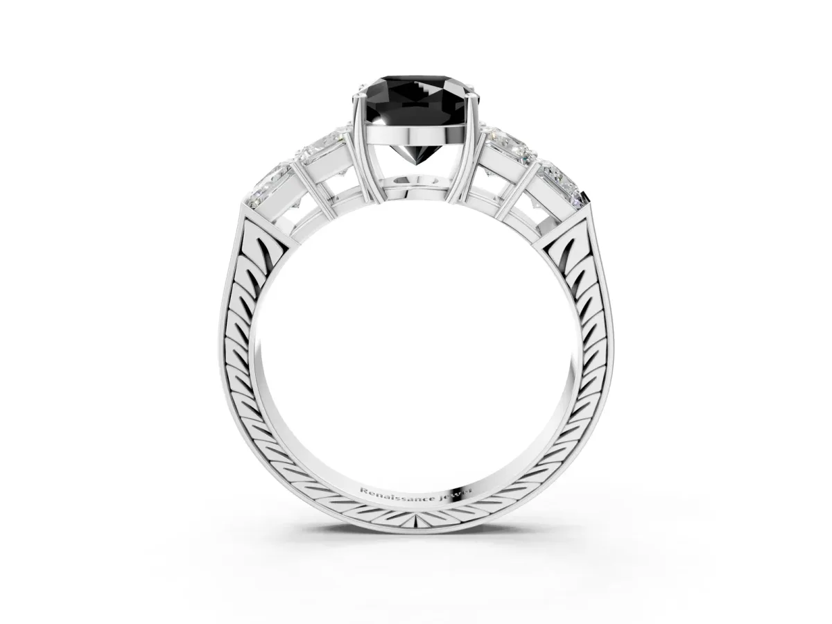 Fancy Black Cushion Cut Solitaire Princess Side Stone Engraved Band Prong Setting Ring Platinum