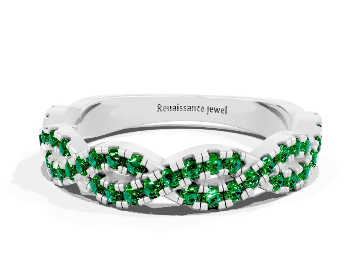 Round Emerald Twisted Eternity Band with Pavé and Shared Prong Setting Platinum